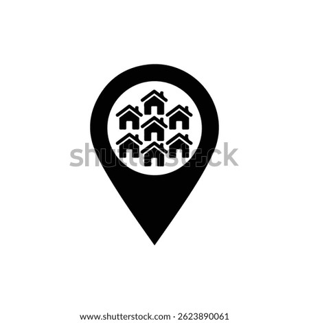 Location Marker with Multiple Houses Icon - Black Filled