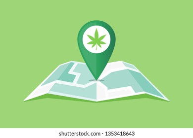 Location marker on the city map with cannabis / marijuana leaf symbol vector illustration
