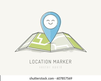Marcador de ubicación en un mapa con cara feliz. Ilustración vectorial en el estilo de color de agua con tonos pastel