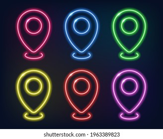 Location marker on the map in neon style. Neon frame. Geolocation icons.