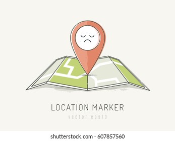 Location marker on a map  with sad face. Vector illustration in scribble watercolor style with pastel colors