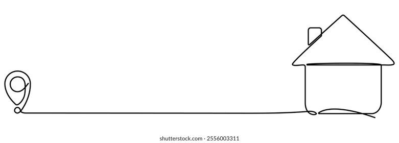Location marker path to house continuous line drawing. Home way concept. GPS navigation symbol. Vector illustration isolated on white.