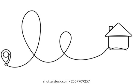 Location marker path to house continuous line drawing. Home way concept. GPS navigation symbol. Vector illustration isolated on white.