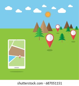 Location and marker pointing, Online mapping and locating on smartphone,  GPS navigation flat design, landscape background with mountains, trees cloud and sun on blue sky, vector illustration