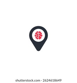 Location marker with red brain icon, representing intelligence, mind or ideas.