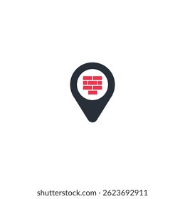 Location marker with red brick wall, flat design, concept of security or firewall.