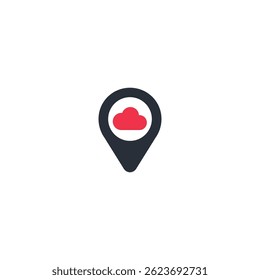 Location marker with red cloud in the center, flat style and minimalist design.