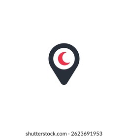 Location marker with red crescent symbol, indicating alert or specific zone on white background.