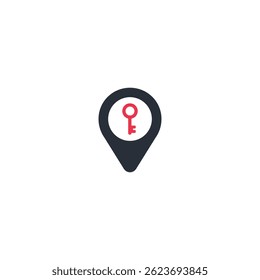 Location marker with red key icon, symbol of access, security or authentication.