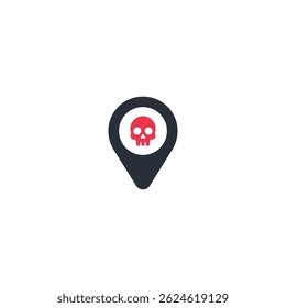 Location marker with red skull, symbol of danger, death or threat.