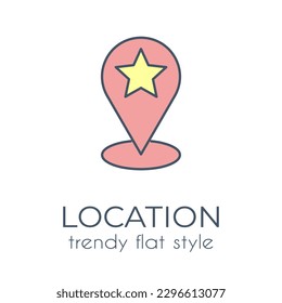 Location marker with star on white background, simple icon in trendy flat style suitable for online stores, e-commerce, shop applications