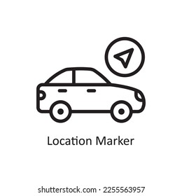 Ilustración de diseño del icono de contorno del vector del marcador de ubicación. Símbolo de accidente de coche en el archivo EPS 10 de fondo blanco