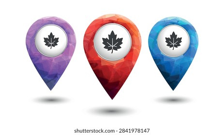 Location markers with autumn maple leaf in polygonal style set.