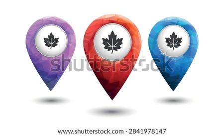 Location markers with autumn maple leaf in polygonal style set.