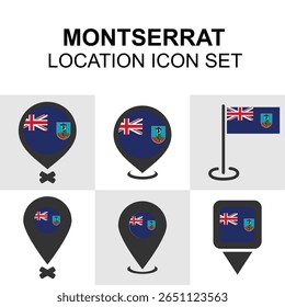 Marcadores de localização com a bandeira e os símbolos de Montserrat, ideais para designs caribenhos.