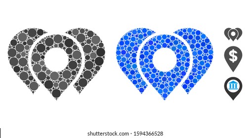 Location markers mosaic of round dots in various sizes and color hues, based on location markers icon. Vector round dots are combined into blue composition.