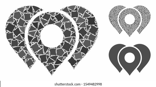 Location markers mosaic of uneven items in various sizes and color tones, based on location markers icon. Vector uneven elements are composed into mosaic.