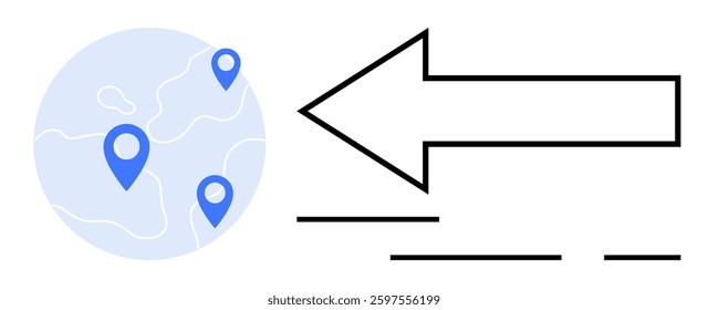 Location markers on a globe with a large directional arrow pointing left. Ideal for logistics, travel, geolocation services, global marketing, navigation apps, direction guides, and relocation