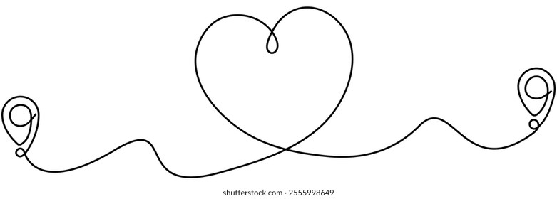 Location markers path continuous line drawing. Travel destination with heart shape concept. GPS navigation symbol. Vector illustration isolated on white.