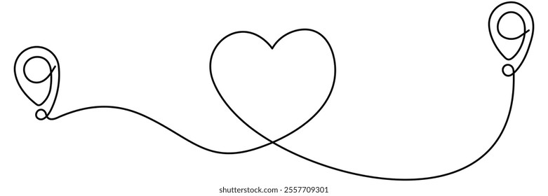 Location markers path continuous line drawing. Travel destination with heart shape concept. GPS navigation symbol. Vector illustration isolated on white.