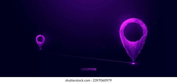 Location marking with a pin. Navigation locator map. GPS. Low polygonal wireframe mesh lines and triangles, point connecting on purple background. Illustration vector
