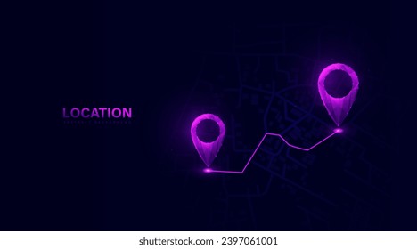 Location marking with a pin on the map. Navigation locator map. GPS. Low polygonal wireframe mesh lines and triangles, point connecting on purple background. Illustration vector