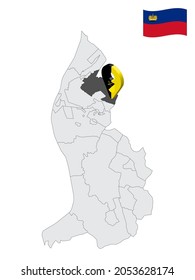 Location of Mauren on map Liechtenstein. 3d location sign similar to the flag of Mauren. Quality map  with regions  Principality of Liechtenstein for your design. EPS10.