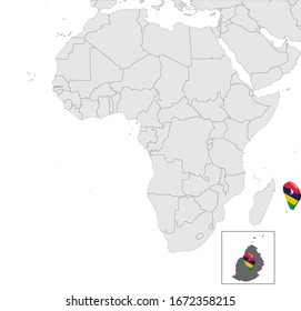 Location of Mauritius on map Africa. 3d  Republic of Mauritius  flag map marker location pin. High quality map of  Mauritius.  Africa.  EPS10.
