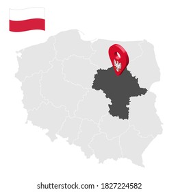 Location of  Mazovia on map Poland. 3d location sign similar to the flag of Mazovia. Quality map  with  provinces of  Poland for your design. EPS10.
