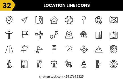 Conjunto de iconos de vectores de línea de tecnología de medios de ubicación. Para mapa, marca, calle, ruta, dirección, etc. Diseño de símbolos gráficos de iconos simples