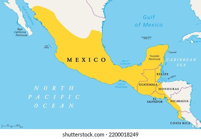 Location of Mesoamerica, political map. Historical region and cultural area in southern North America and most of Central America, from Mexico to Costa Rica, where pre Columbian societies flourished.