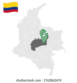 Location of Meta on map Colombia. 3d Meta location sign. Flag of Meta. Quality map with regions  of Colombia for your web site design, logo, app, UI. Stock vector. EPS10.