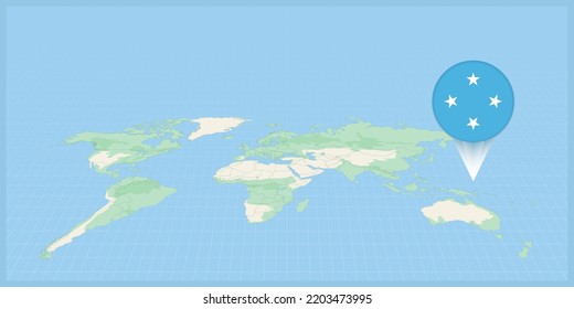 Location of Micronesia on the world map, marked with Micronesia flag pin. Cartographic vector illustration.