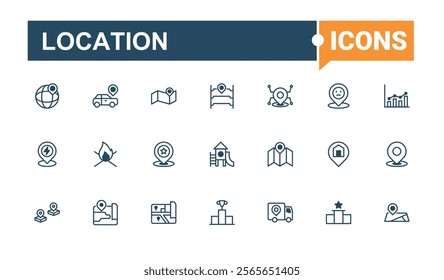Location minimal icon set. Related to marker, distance, compass, road, street, pointer, address, navigator. Thin linear style icons. Outline and solid pictogram.