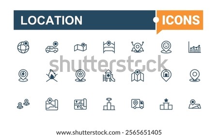 Location minimal icon set. Related to marker, distance, compass, road, street, pointer, address, navigator. Thin linear style icons. Outline and solid pictogram.