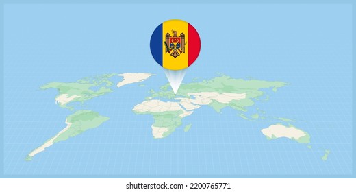Location of Moldova on the world map, marked with Moldova flag pin. Cartographic vector illustration.