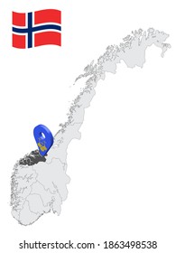 Location More and Romsdal County on map Norway. 3d location sign similar to the flag of  More and Romsdal. Quality map  with regions of  Norway for your design. EPS10.