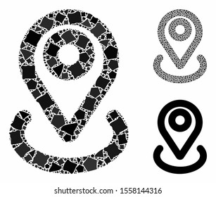 Location mosaic of abrupt pieces in different sizes and color tints, based on location icon. Vector ragged pieces are united into mosaic. Location icons collage with dotted pattern.