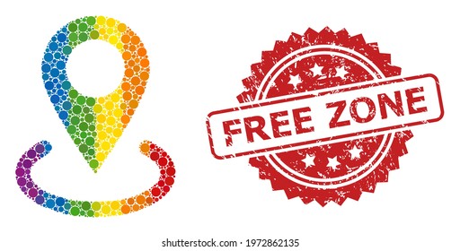 Location mosaic icon of filled circle blots in various sizes and LGBT bright color tones, and Free Zone grunge rosette stamp seal. A dotted LGBT-colored Location for lesbians, gays, transgenders,