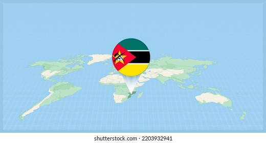 Location of Mozambique on the world map, marked with Mozambique flag pin. Cartographic vector illustration.