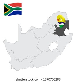 Location  Mpumalanga  on map South Africa. 3d location sign similar to the flag of  province Mpumalanga . Quality map  with regions of South Africa for your design. EPS10.