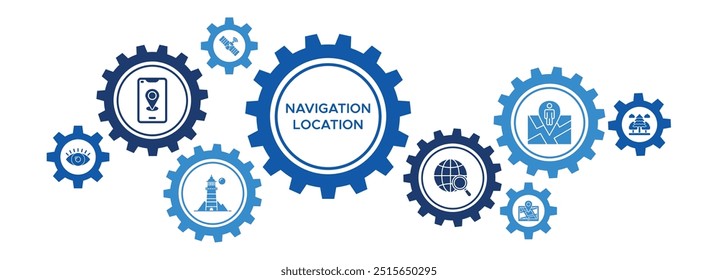 Location and Navigation Banner Vector Concept with Icons for GPS Tracking, Lighthouse, Satellite View, and Search Globe Exploration