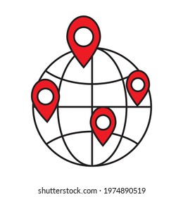 Location and navigation black line icons on globe. Vector illustration on white background