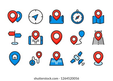 Location and navigation color line icons. Map pointer and road way vector linear colorful icon set. Isolated icon collection on white background.