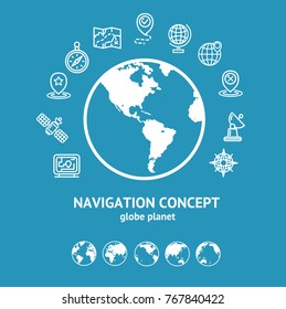 Location and Navigation Concept and White Globe Silhouette on a Blue witch Outline Icons. Vector illustration of Sphere