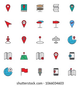 Location and navigation filled outline icons set, line vector symbol collection, linear colorful pictogram pack. Signs, logo illustration, Set includes icons as map pointer, book with pin location
