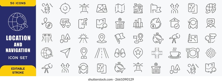Conjunto de iconos de Locación y navegación. Contiene ubicación, navegación, dirección, GPS, bandera, destino, ruta, carretera y más. colección de iconos de contorno de Vector