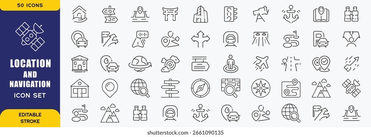 Localização e conjunto de ícones de navegação. Contendo localização, navegação, direção, GPS, bandeira, destino, rota, estrada e muito mais. Coleção de ícones de estrutura de tópicos de vetor