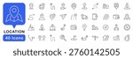 Location and navigation icon set. Location icons in line style. Editable web icons. Pointer, address, marker, position,  map pin, direction, geolocation etc. Vector illustration.
