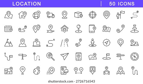 Conjunto de iconos de Locación y navegación. Iconos de Locación en estilo de línea. Iconos web editables. Puntero, Dirección, marcador, posición, pin de mapa, dirección, geolocalización, etc. Ilustración vectorial.